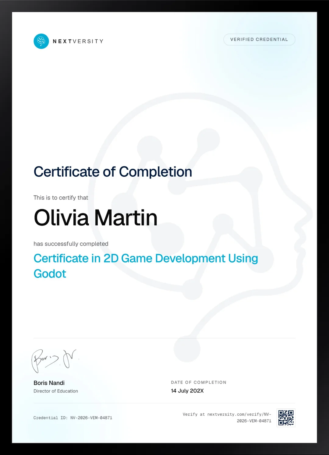 Framed Nextversity certificate for 2D Game Development Using Godot