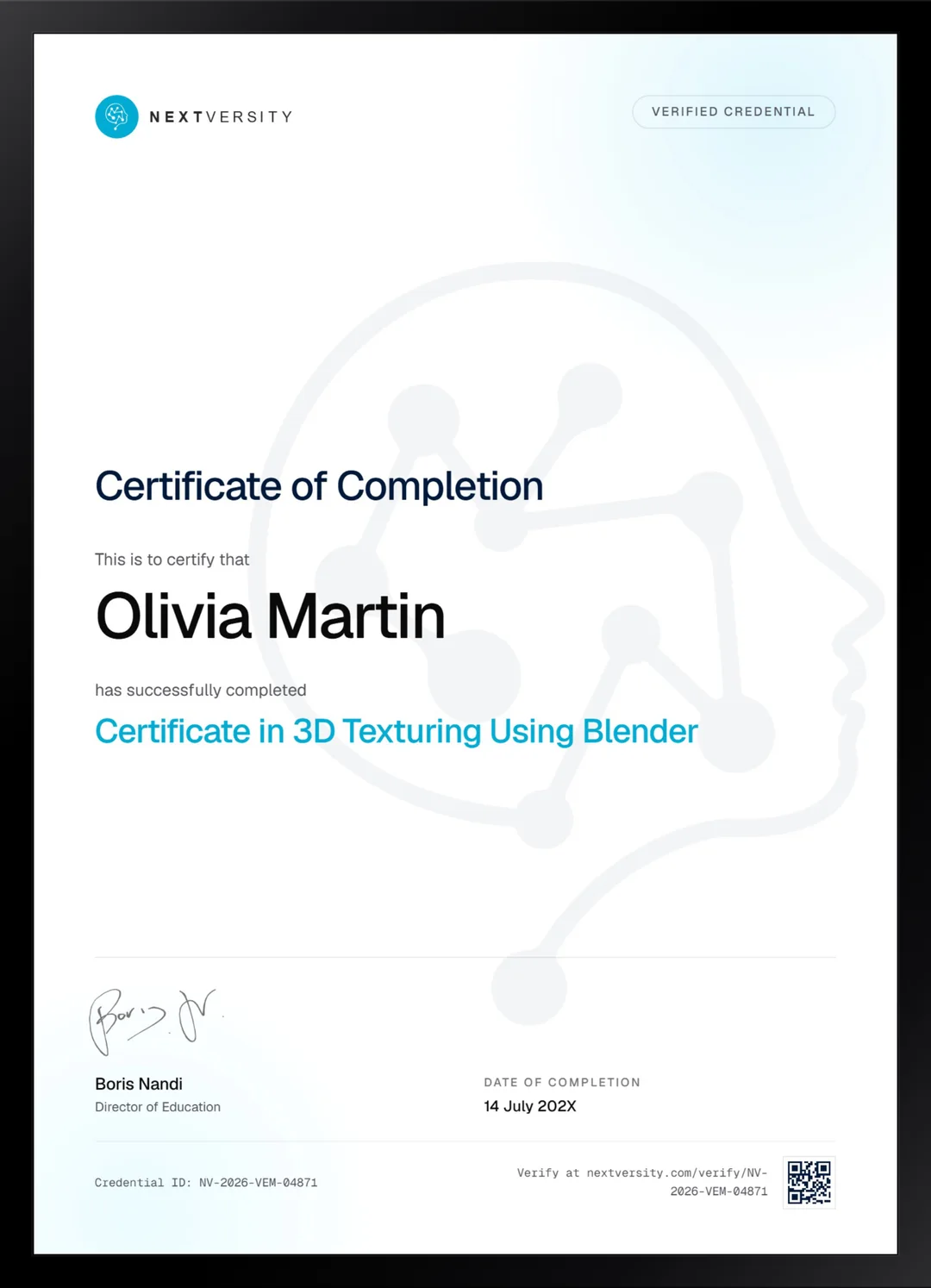 Framed Nextversity certificate for 3D Texturing Using Blender