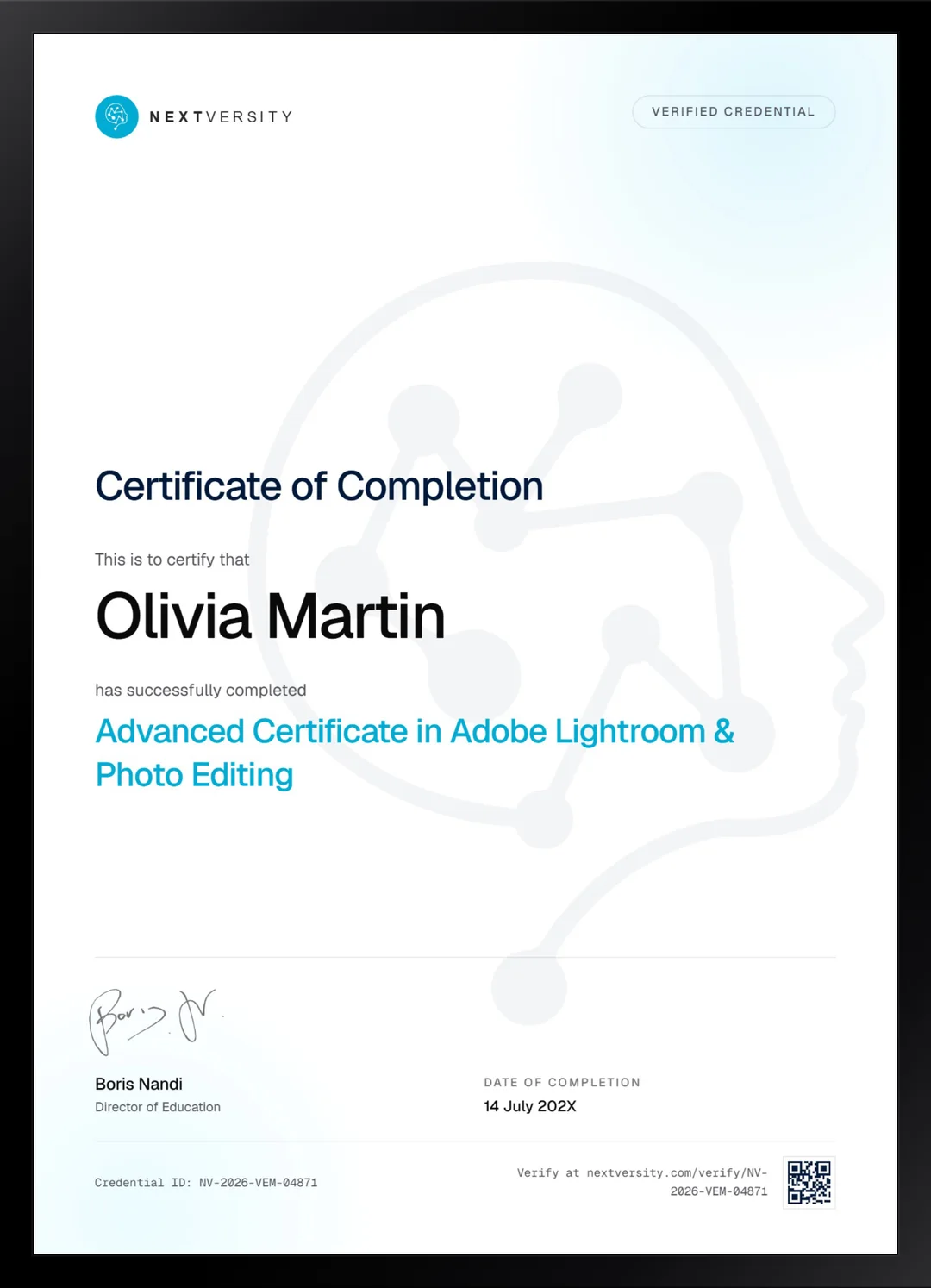 Framed Nextversity certificate for Adobe Lightroom & Photo Editing