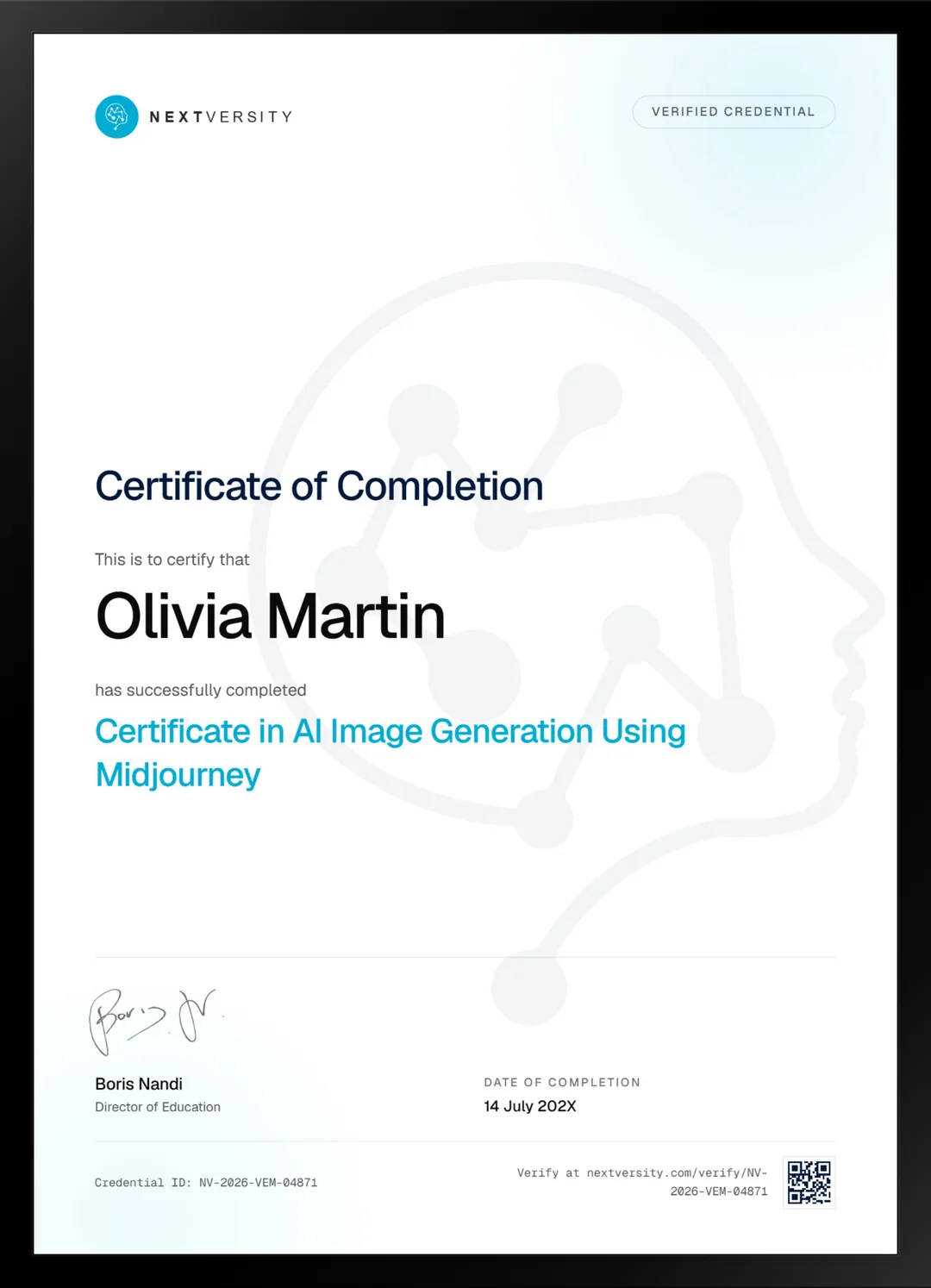 Framed Nextversity certificate for AI Image Generation Using Midjourney