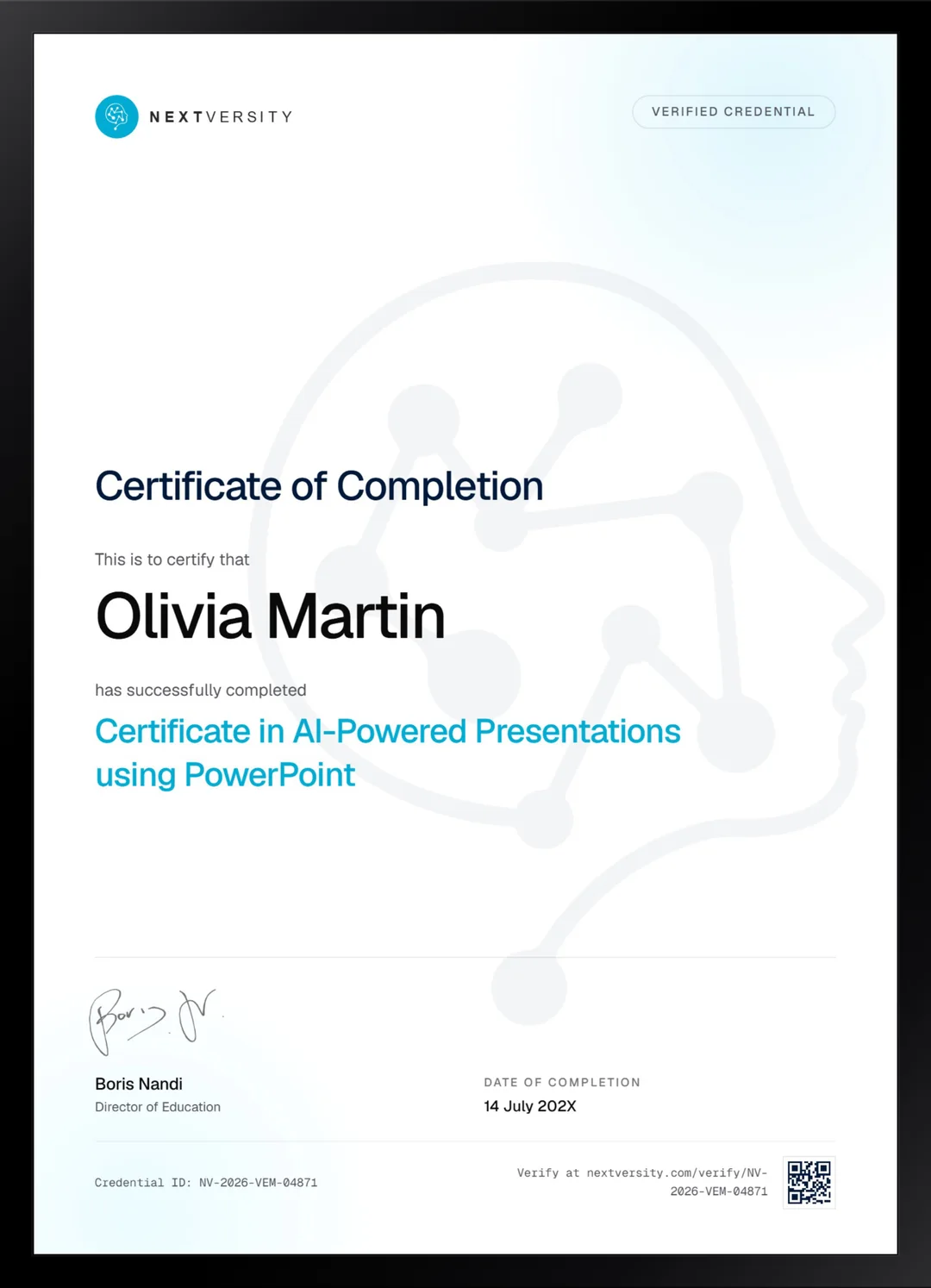 Framed Nextversity certificate for AI-Powered Presentations using PowerPoint