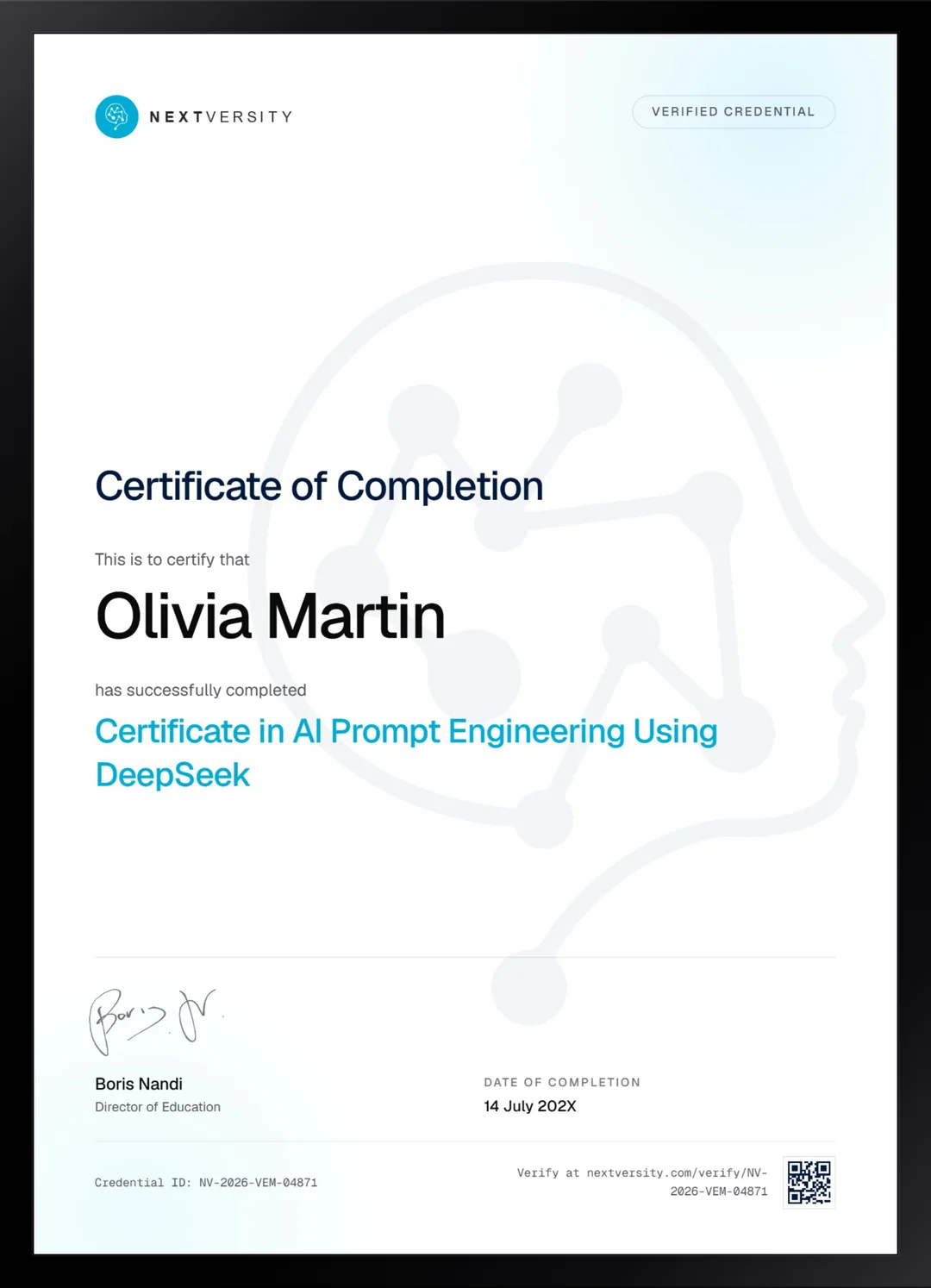 Framed Nextversity certificate for AI Prompt Engineering Using DeepSeek