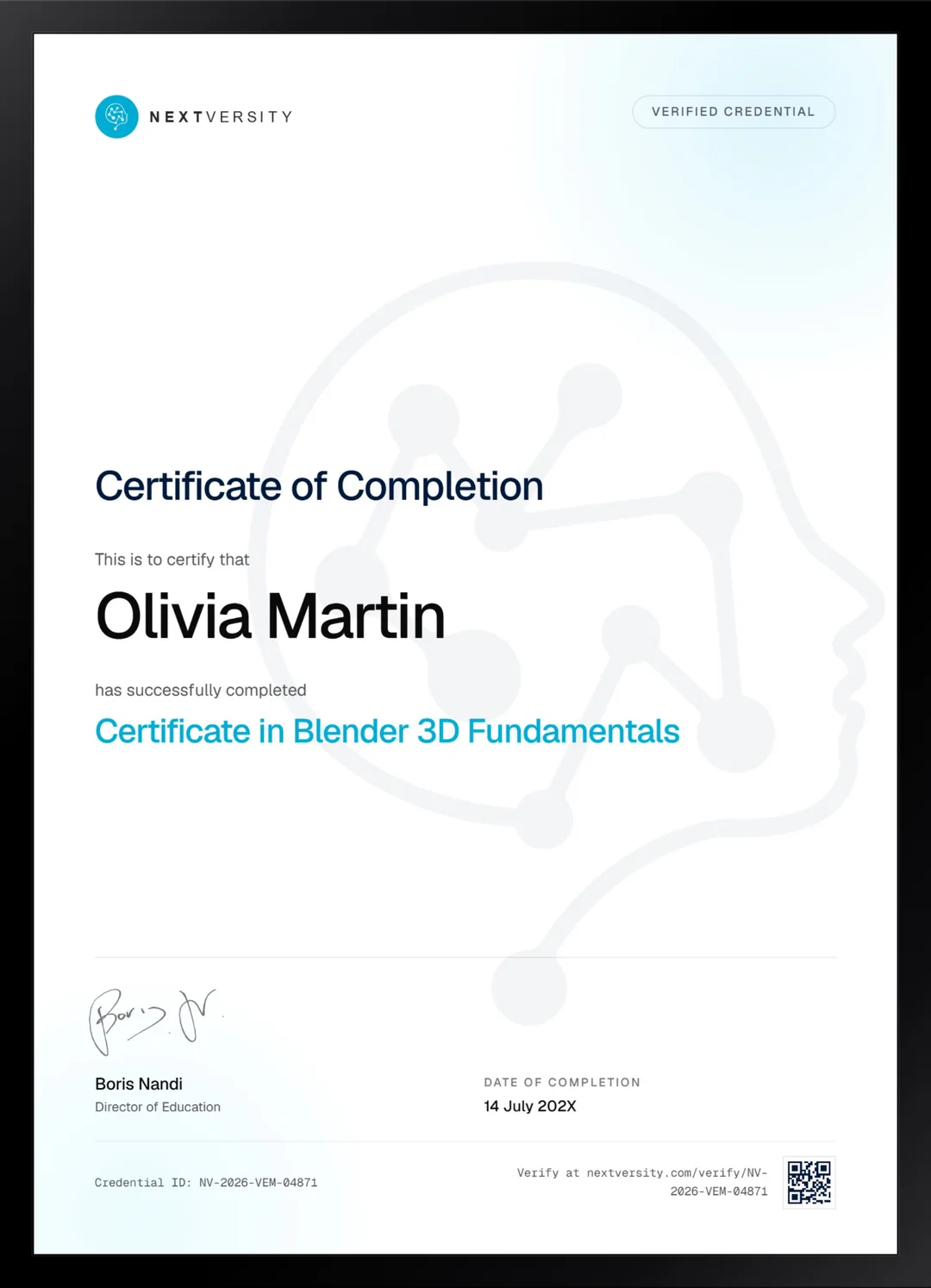 Framed Nextversity certificate for Blender 3D Fundamentals