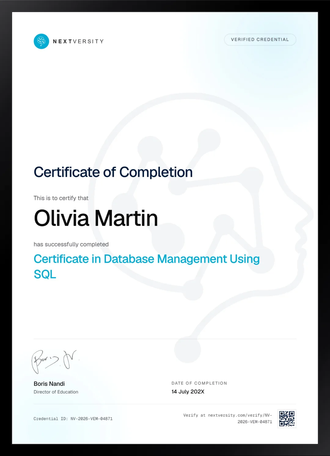 Framed Nextversity certificate for Database Management Using SQL