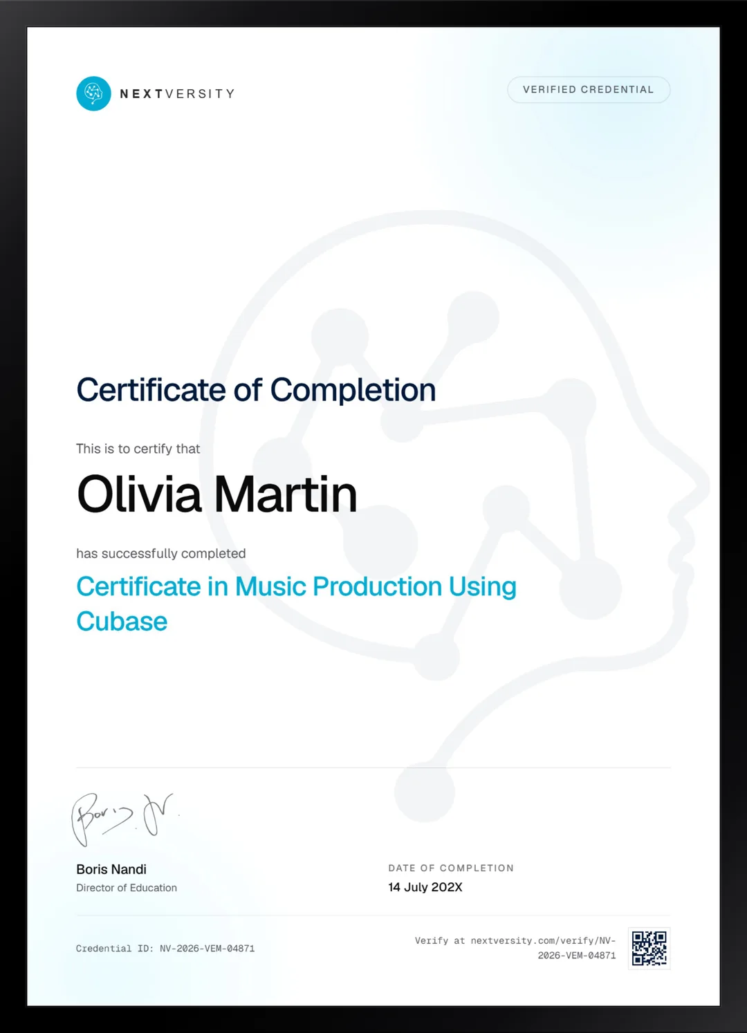 Framed Nextversity certificate for Music Production Using Cubase