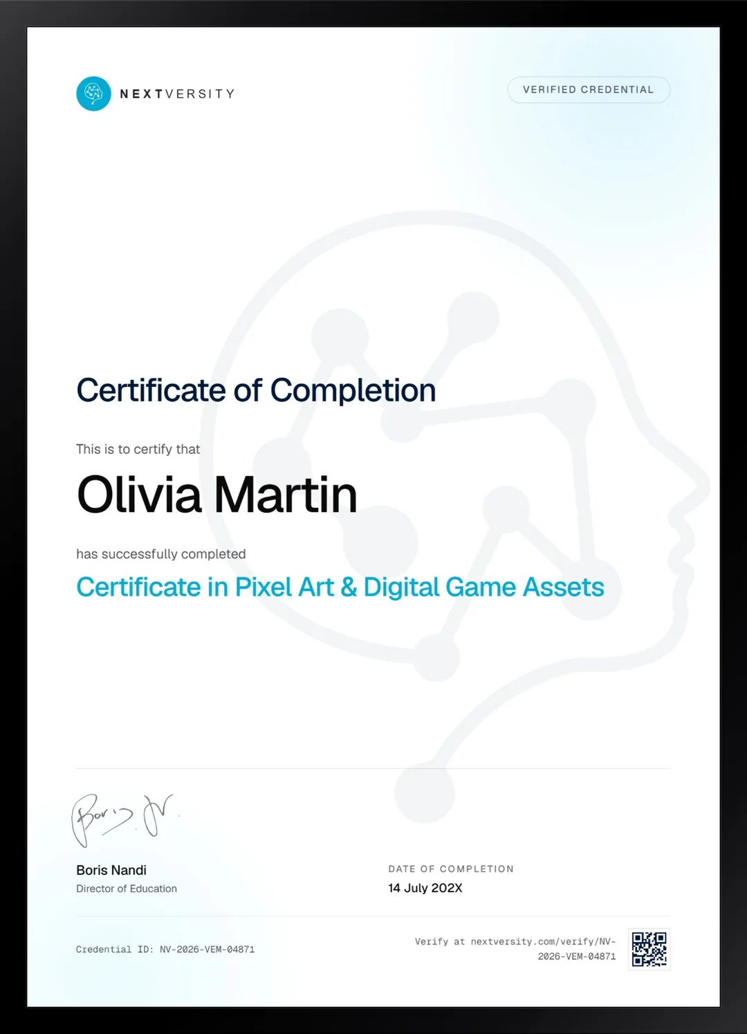 Framed Nextversity certificate for Pixel Art & Digital Game Assets