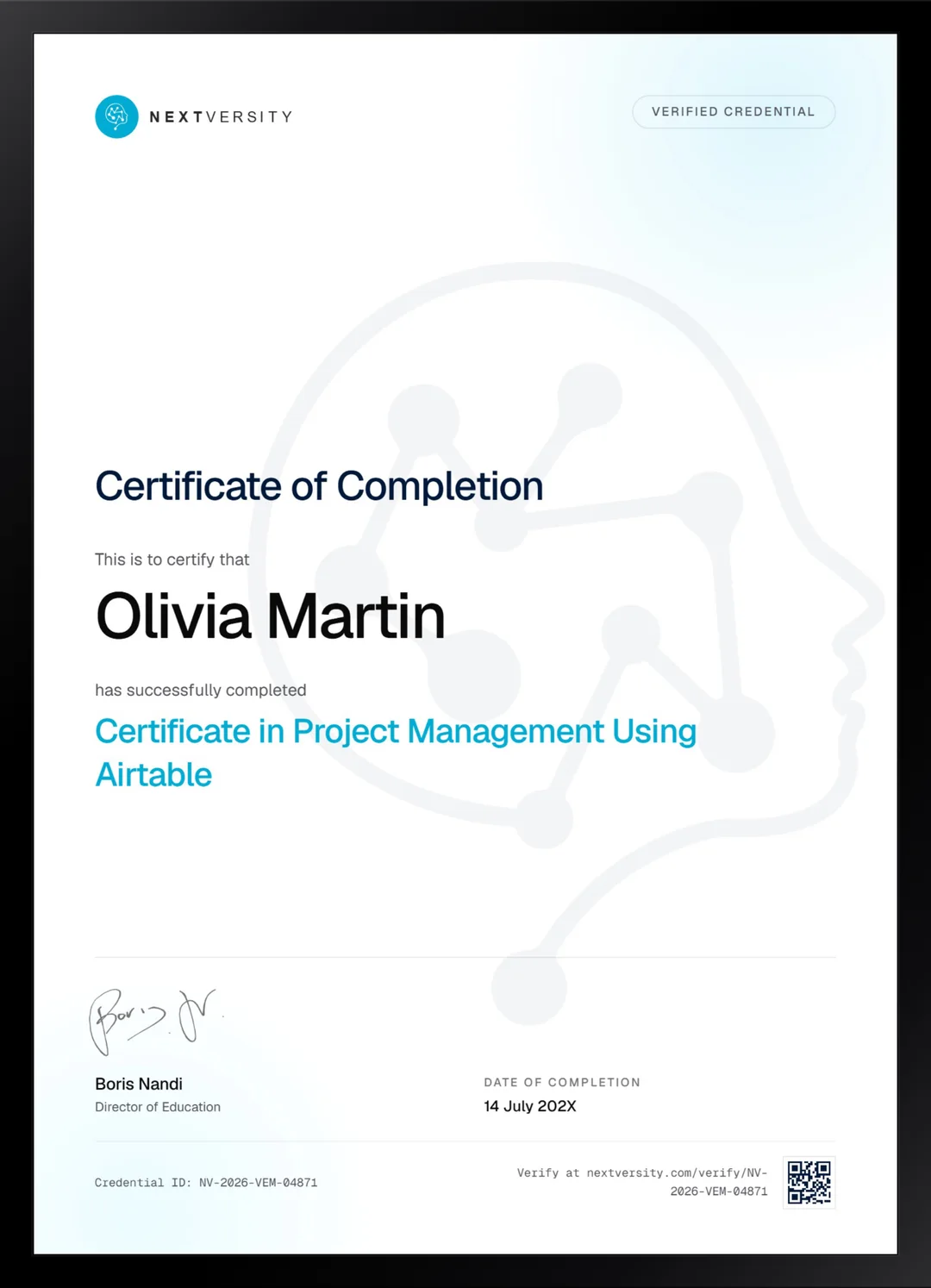 Framed Nextversity certificate for Project Management Using Airtable