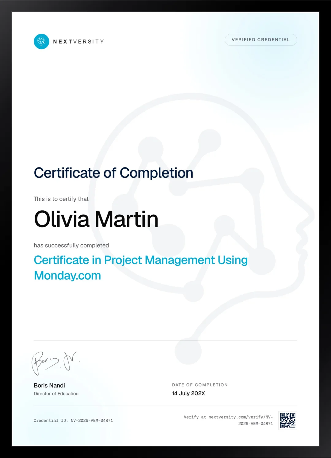 Framed Nextversity certificate for Project Management Using Monday.com