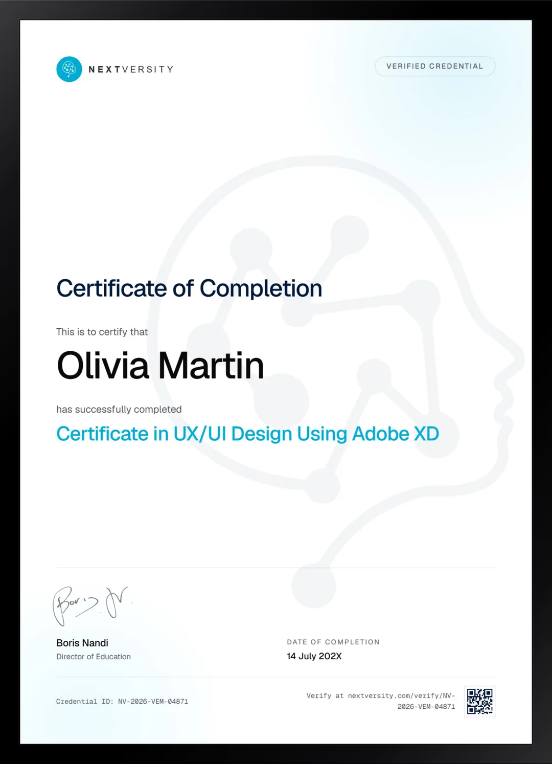 Framed Nextversity certificate for UX/UI Design Using Adobe XD