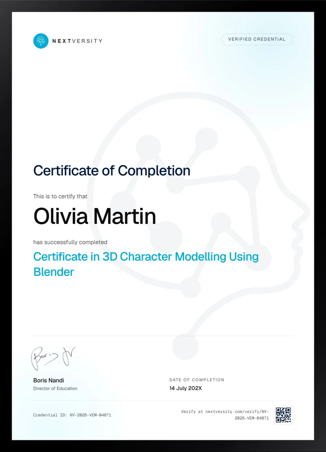 Framed Nextversity certificate for 3D Character Modeling Using Blender