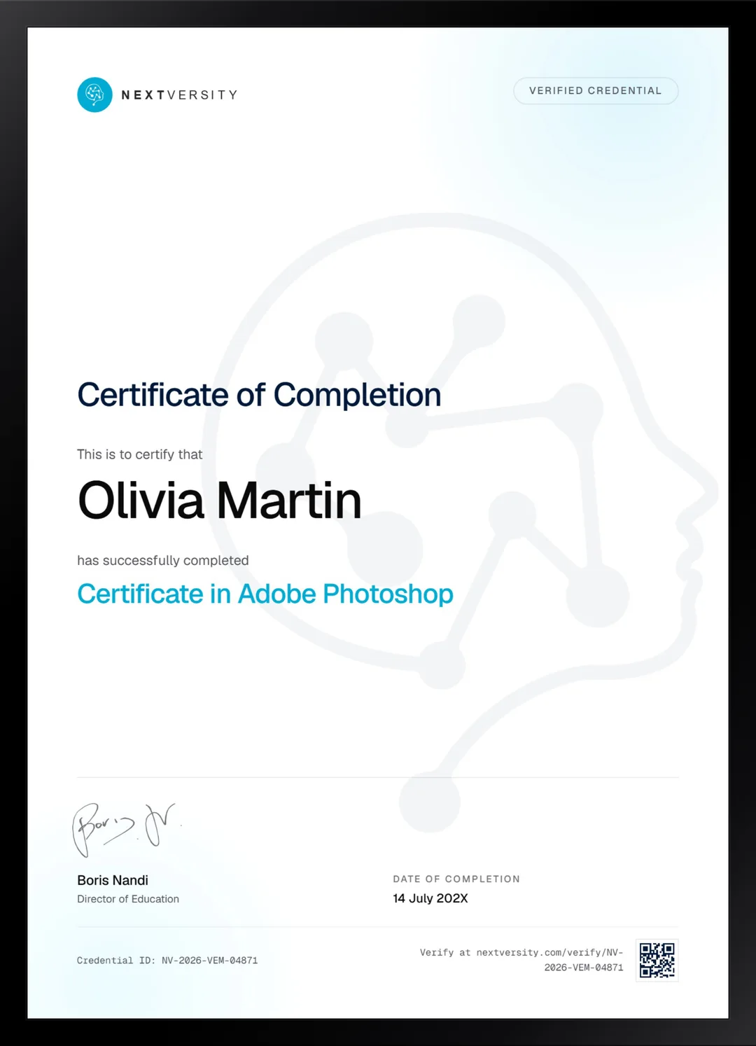 Framed Nextversity certificate for Adobe Photoshop