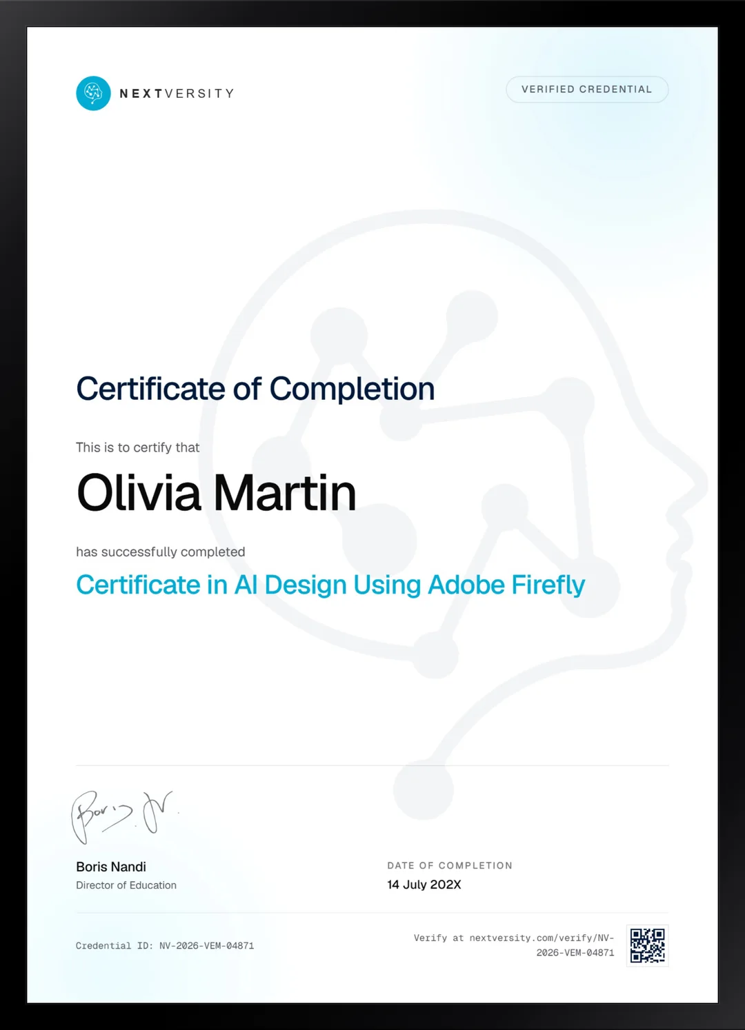Framed Nextversity certificate for AI Design Using Adobe Firefly