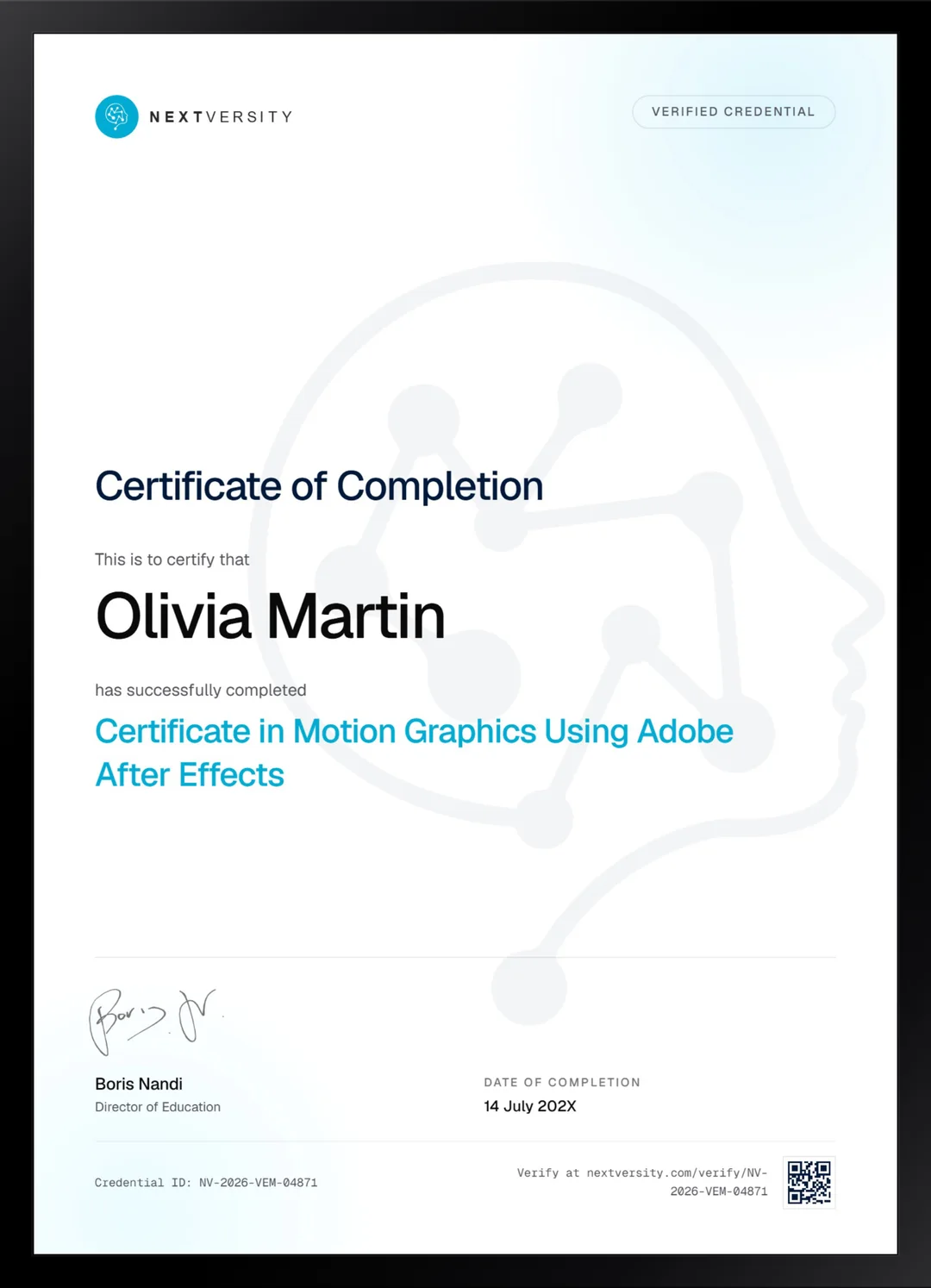 Framed Nextversity certificate for Motion Graphics Using Adobe After Effects