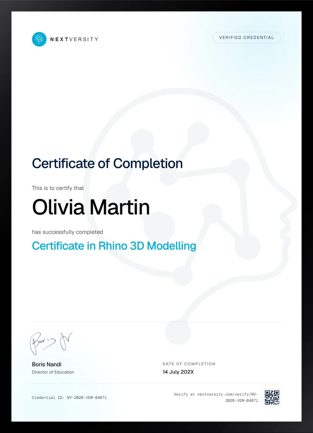 Framed Nextversity certificate for Rhino 3D Modeling